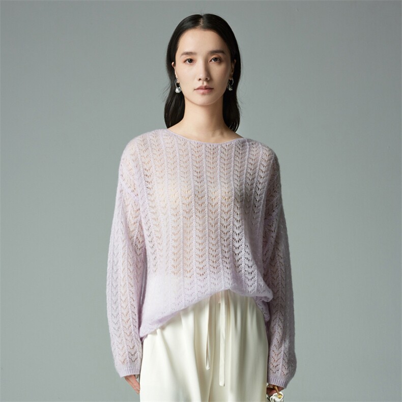 镂空圆领套头35%羊绒衫秋装新款女装宽松长袖女士时尚百搭，女装羊绒衫，木淼羊绒