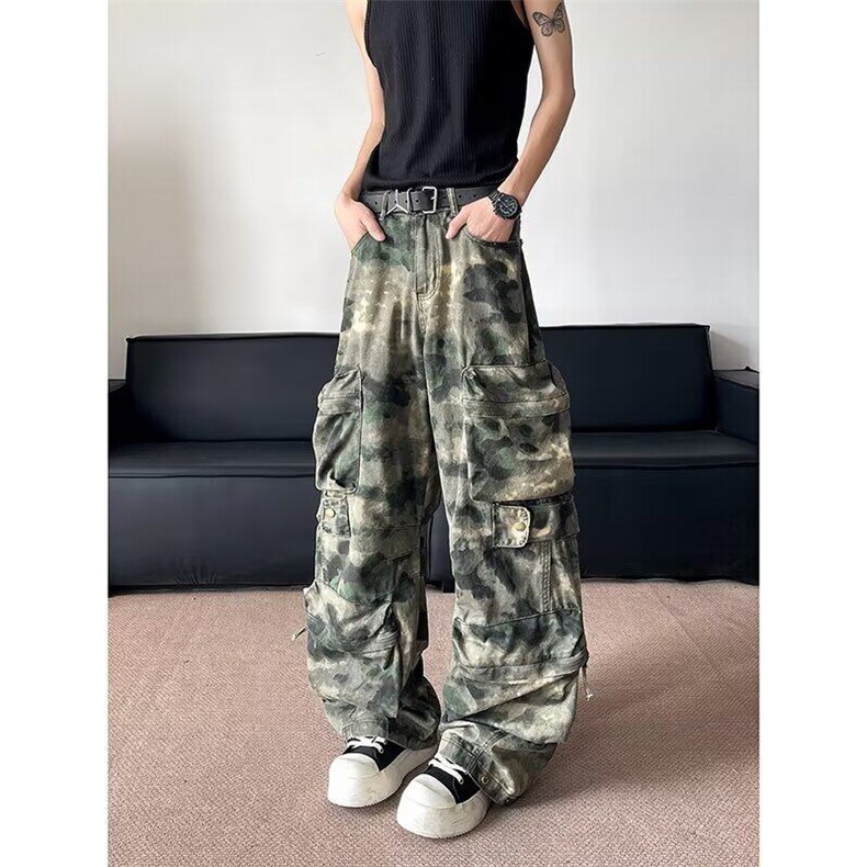大口袋秋季美式复古迷彩工装裤男女宽松重工街头阔腿休闲裤子,男装休闲裤,星座506