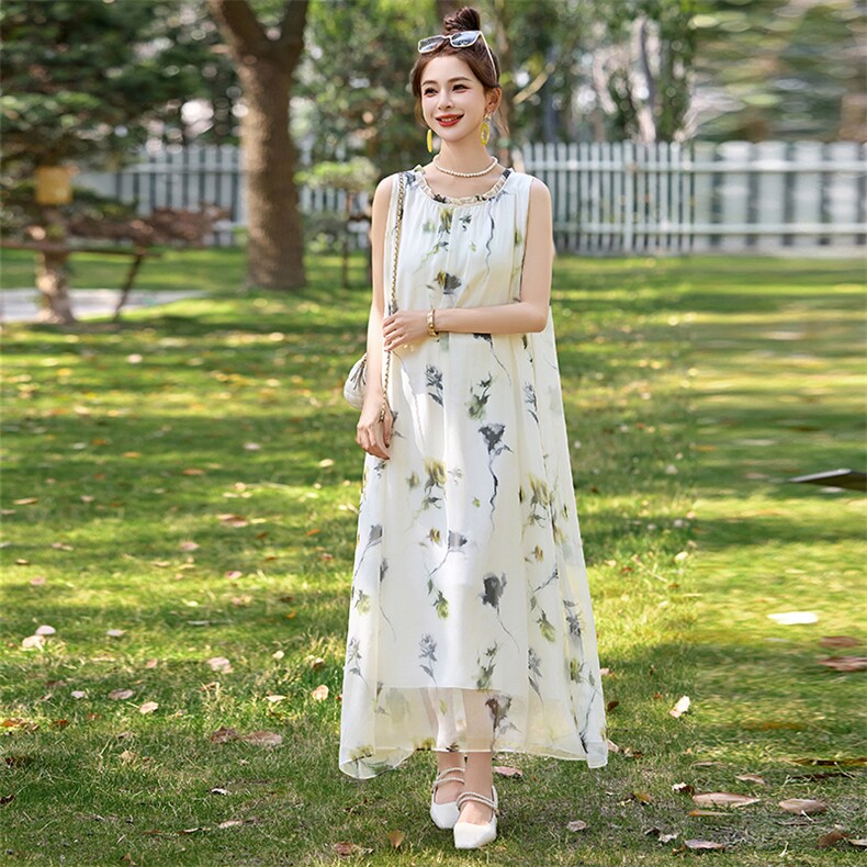 PINKWIN2025夏季新款真丝无袖花卉连衣裙女高级感桑蚕丝度假长裙,女装连衣裙,诺蝶