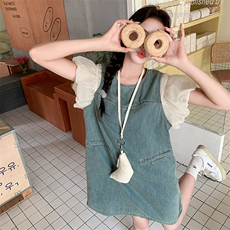 设计感气质泡泡拼接假两件牛仔连衣裙女2024夏季新款小个子中长裙，女装连衣裙，2C292
