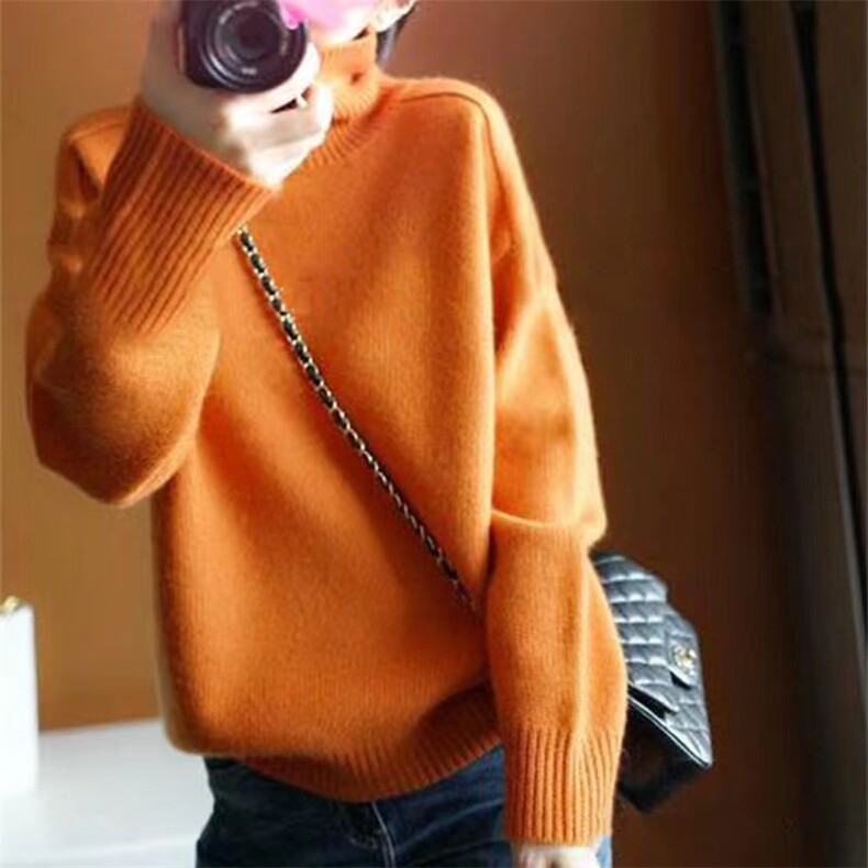新款橘色高领羊绒衫女加厚套头毛衣宽松慵懒风时尚打底针织羊毛衫,女装羊毛衫,冀清阳荣