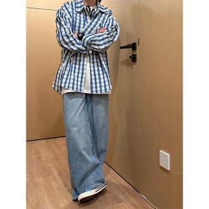 【有货】cleanfit蓝白格子衬衫男美式复古长袖衬衣N316LL-特P45图片