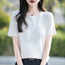 凉感竹节麻圆领镶钻短袖T恤女2025年新款夏季薄款打底衫半袖体恤，女装T恤，萱芳婷羊绒