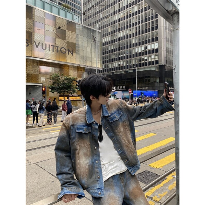 美式潮牌小众复古混色牛仔外套男款春秋季做旧牛仔裤套装AJK183，男装工装外套，星座208-5