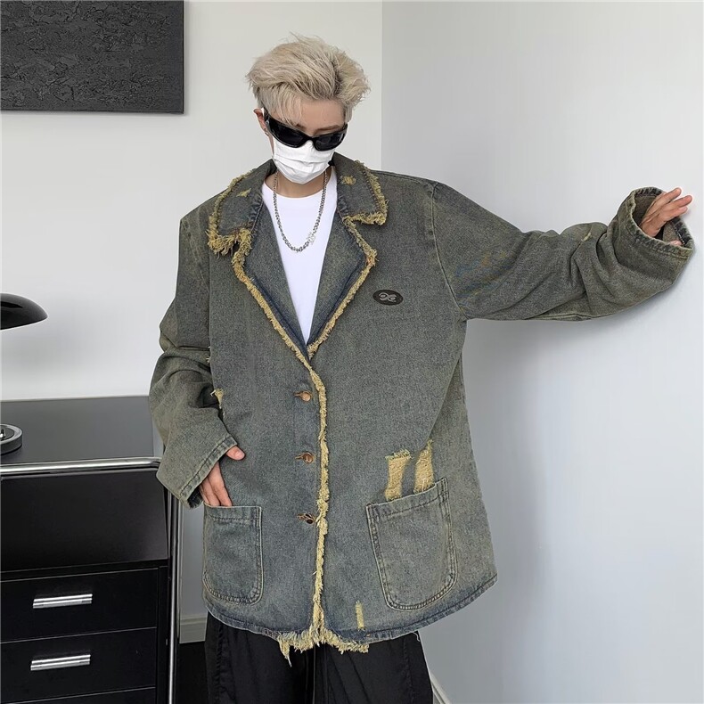 破洞牛仔西装领外套女春秋做旧毛边设计感小众宽松上衣潮JK8922,男装夹克,星座1116A-1（原606A）