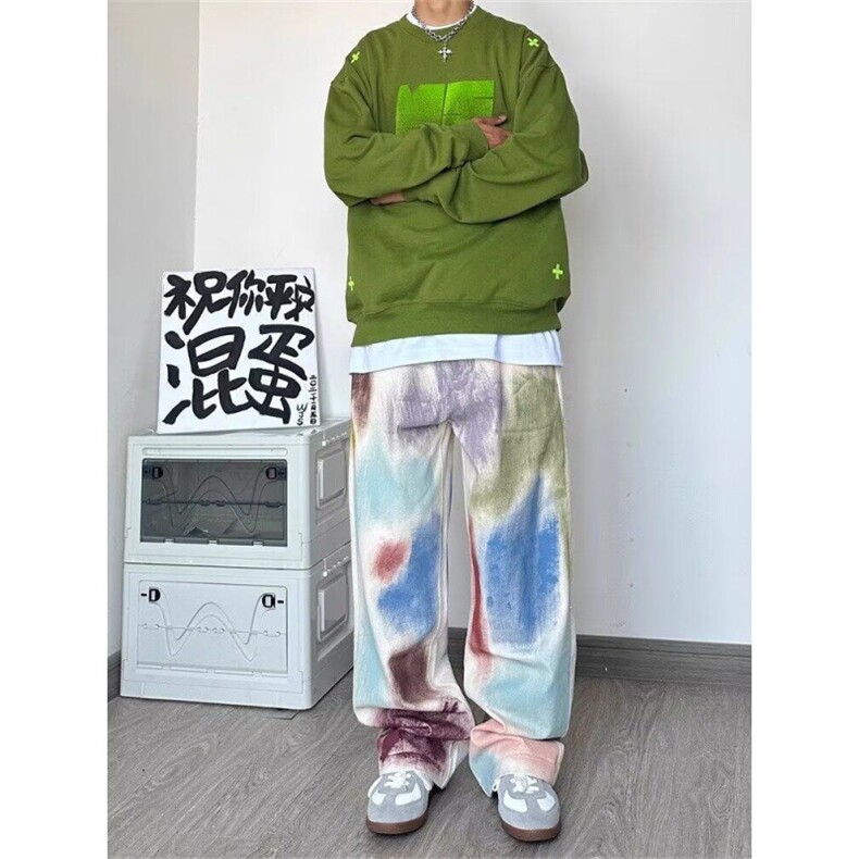 手绘刷漆彩色牛仔裤男夏季美式vibe风高街裤子宽松显瘦直筒休闲裤,男装牛仔裤,星座506A