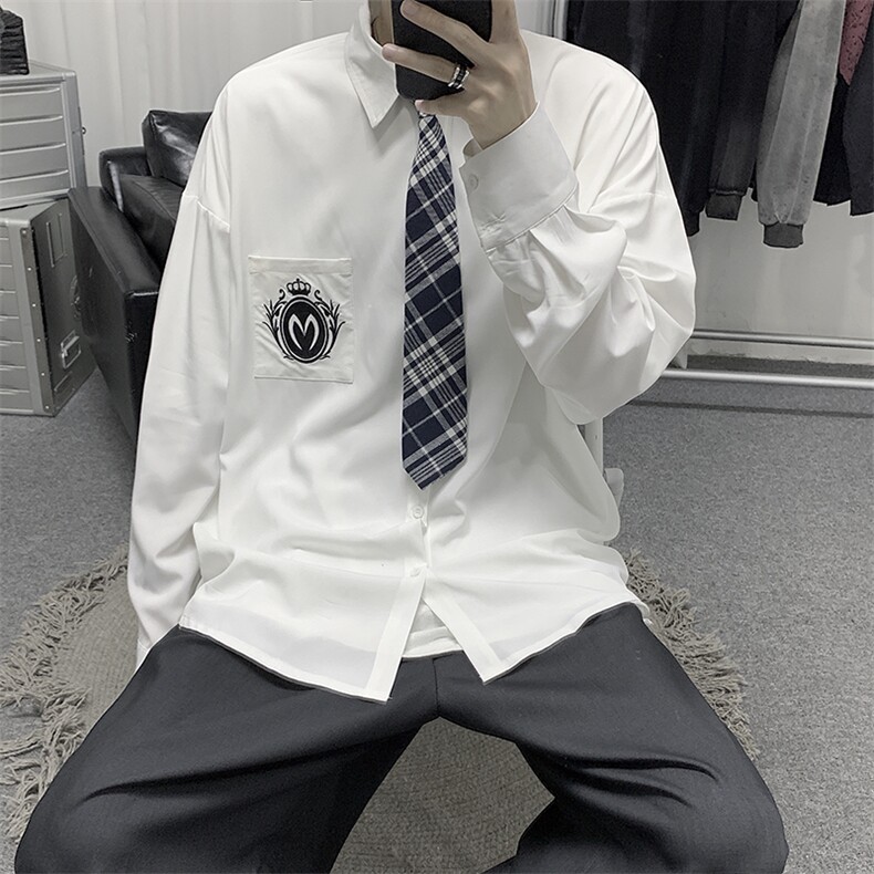20/秋新刺绣DK/JK学院风长袖衬衫男ins情侣CS2021（送领带）,男装衬衫,星座507