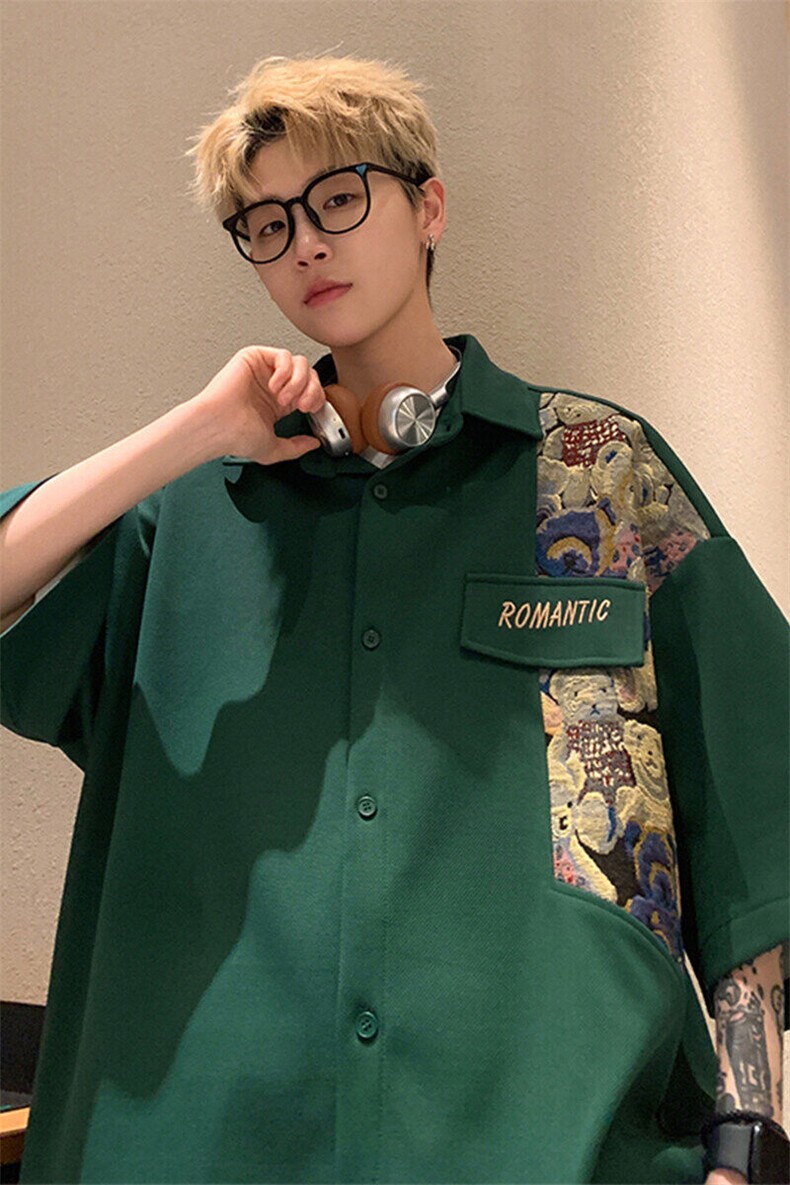 wassuphappy小熊短袖衬衫套装男款夏季潮牌拼接刺绣上衣一套搭配,男装衬衫,电商A022