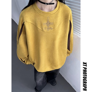主推 美式复古麂皮绒绣花圆领中性卫衣宽松外套男女 D365 P58图片