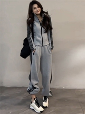 时尚休闲减龄套装女春新款修拉链开衫立领长袖上衣阔腿长裤两件套，女装套装/套裙，江南