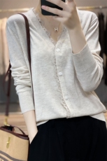 优雅气质V领蕾丝微透薄款羊毛针织开衫女春秋宽松百搭外套潮，女装针织衫/毛衣，雪真羊绒
