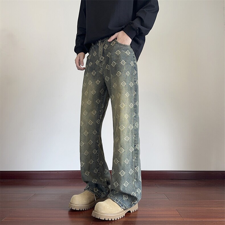 重磅水洗提花牛仔裤男春季潮牌ins美式高街宽松拖地阔腿微喇裤子，男装牛仔裤，电商B221