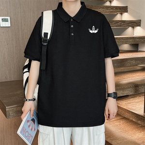 P33短袖男夏季新款印花潮流半袖上衣休闲透气高级翻领polo衫T恤衫,粉色上衣搭配灰色格子裙图片