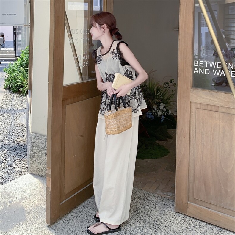 独特别致刺绣撞色天丝无袖马甲阔腿裤套装两件套女夏季韩系御姐风图片