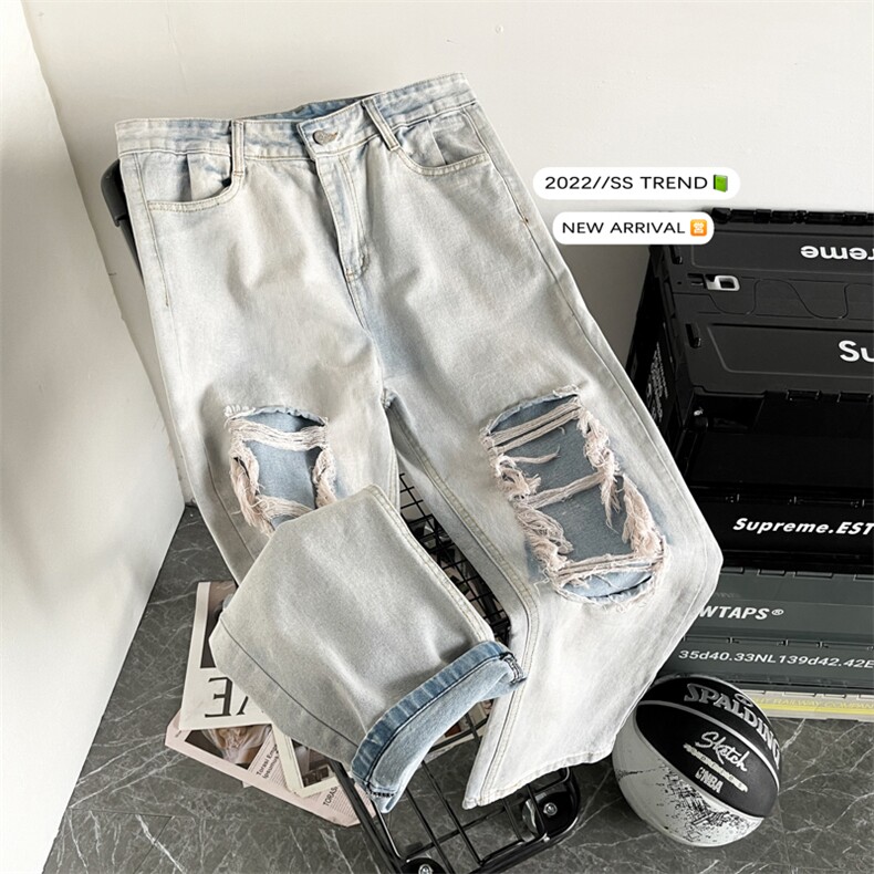 欧美高街浅色破洞牛仔裤薄款潮牌宽松嘻哈复古长裤男NK6003-P40,男装牛仔裤,星座1008-1