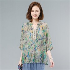 2021夏季新款时尚气质宽松蝙蝠袖印花衬衫，女装衬衫，叶笙衣