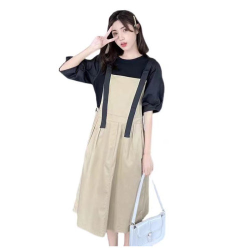 bf网红文艺套装裙女夏新款显瘦工装泡泡袖减龄上衣背带收腰两件套，女装连衣裙，潮品会