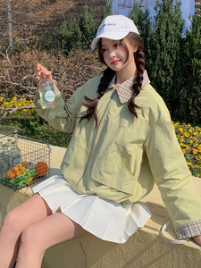 现货韩版时尚假两件短外套女洋气春秋季新款小个子显瘦工装夹克图片