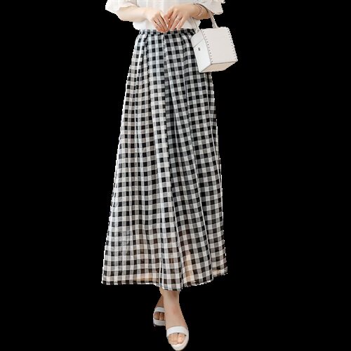 2021新款长裙夏季韩版女原宿风半身裙BF高腰中长款黑白格子裙图片