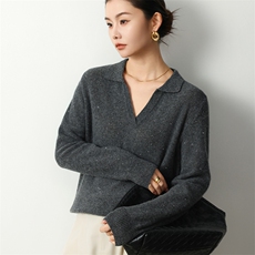 时尚长袖套头POLO领简约百搭亮片显瘦针织衫，女装羊毛衫，若菲羊绒