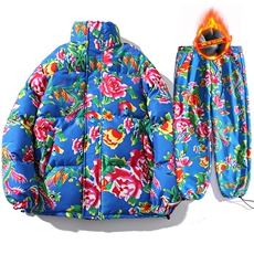 H203情侣东北大花风民族风特色牡丹大花棉袄加绒裤套装男女，男装民族服装，星座115A-1