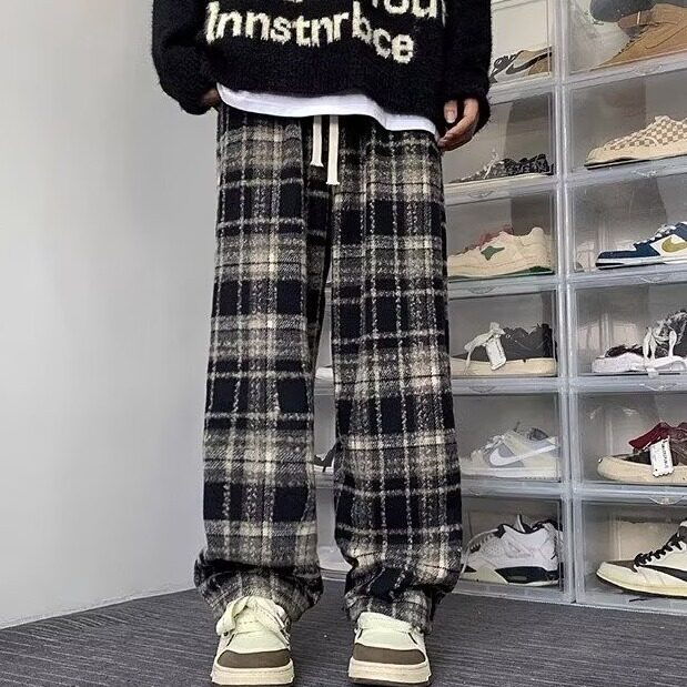 格子加大码休闲裤男秋季美式宽松直筒阔腿休闲长裤子男款CK11P41，男装休闲裤，星座1013-5