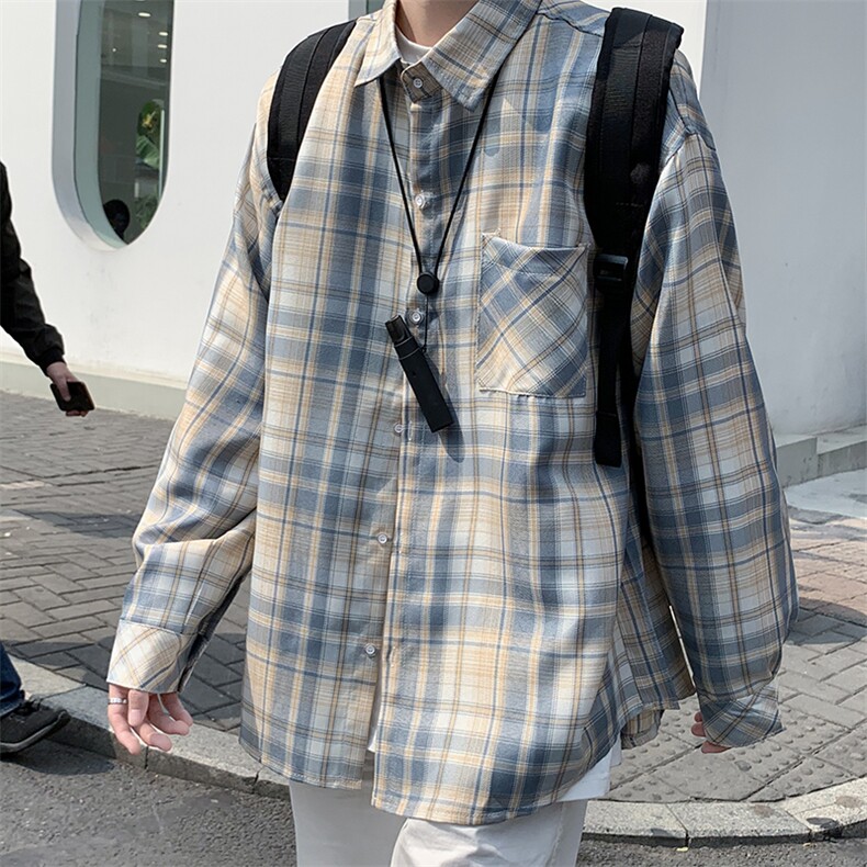 青少年港风文艺格子衬衫男长袖春秋季休闲复古衬衣外套W1599-P30,男装衬衫,星座512-4