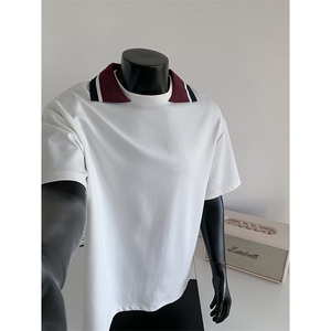 春夏宽松极简高级感廓形上衣cleanfit撞色翻领短袖HY924TP30控58图片