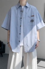 CS1132-特P48控78夏新大码刺绣短袖条纹衬衫男学院风（带领带），男装T恤，电商A059