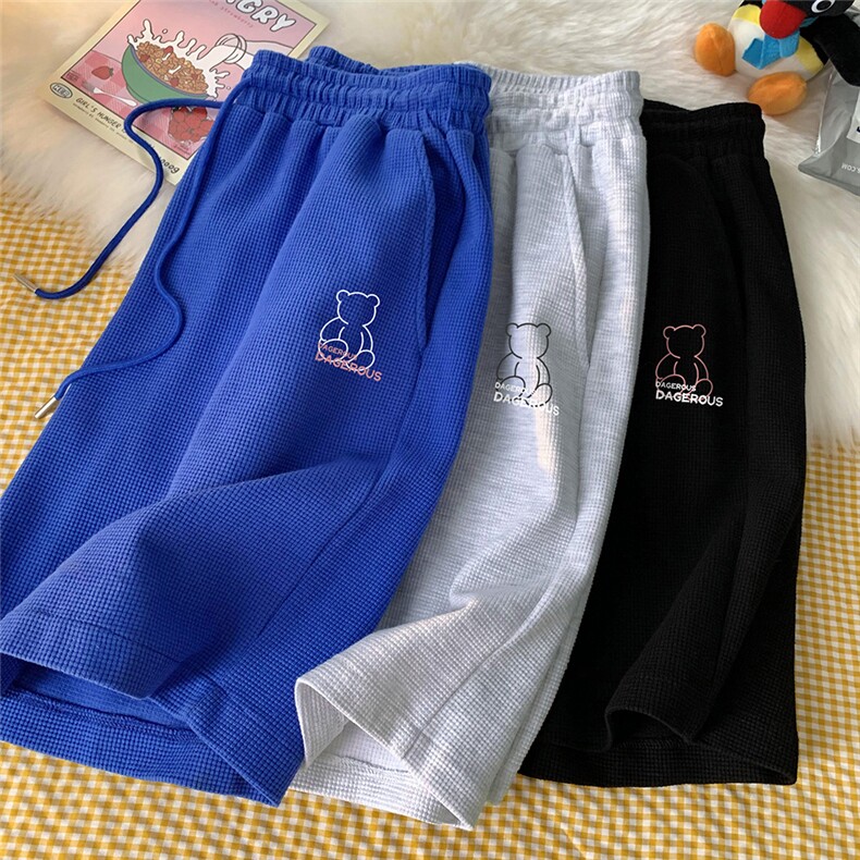 中性风夏季休闲潮流宽松印花棉华夫格短裤男女情侣A688P35控48,男装牛仔裤,电商A268
