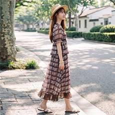 时尚休闲格纹显瘦系带上衣木耳边半裙超仙两件套女，女装套装/套裙，水衣源