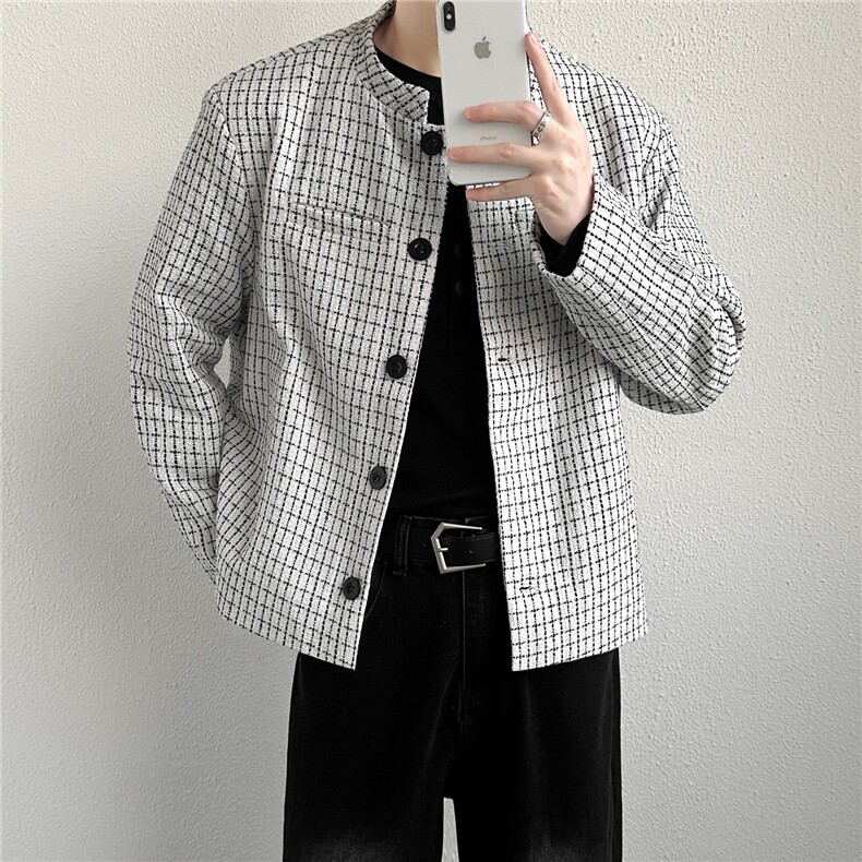 短款垫肩格子外套男春秋高级感痞帅飞行夹克新中式西服上衣JK73,男装夹克,星座516A