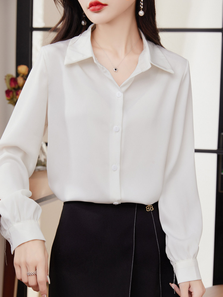 白衬衫女真丝气质长袖冰丝女衬衣上衣夏季丝滑缎面宽松POLO领漂亮,女装衬衫,元素羊绒