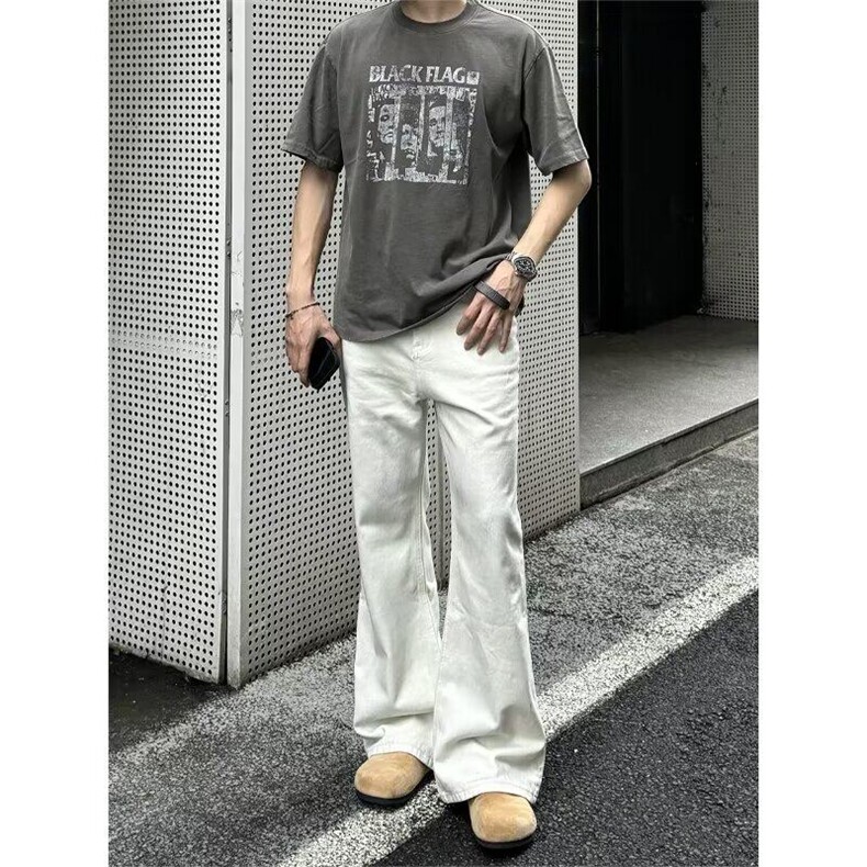 慵懒风冬加厚白色牛仔裤男美式高街阔腿裤子男休闲cleanfit微喇裤图片