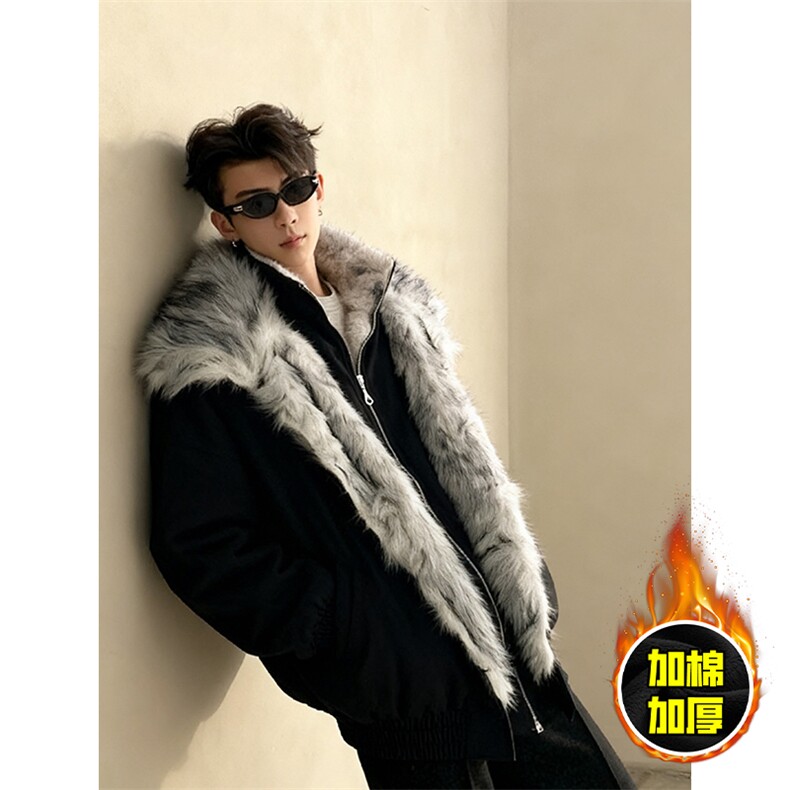 现货高品质美式高街重磅狼王座山雕毛毛领假两件棉衣加厚棉服外套，男装棉衣，电商A486