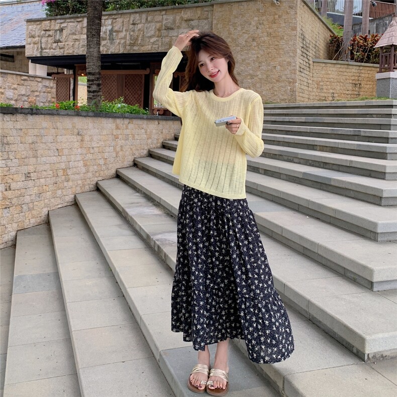 慵懒风时尚套装裙女休闲镂空针织衫夏季新款防晒罩衫半身裙两件套,女装套装/套裙,2C166