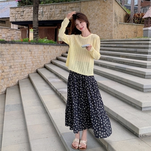 慵懒风时尚套装裙女休闲镂空针织衫夏季新款防晒罩衫半身裙两件套图片
