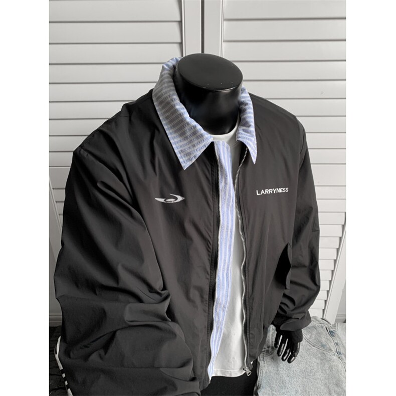 JK715-尺码M-3XL-P55-美式复古绣花假两件翻领棒球服夹克外套,男装夹克,星座1811B