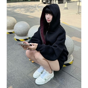 重磅高品质硬挺boxy26春装美式高街结构撞色拼接连帽卫衣开衫外套图片