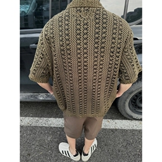军绿色镂空针织短袖衬衫男高级感老钱风穿搭半袖衬衣cleanfit外套，男装T恤，星座1213