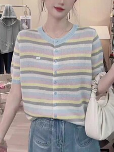 夏季圆领撞色条纹莱赛尔天丝短袖T恤女休闲套头针织薄款半袖上衣图片