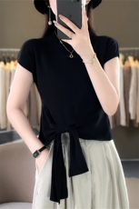 半高领系带蝴蝶结针织衫女夏季大码微胖妹妹薄款气质温柔显瘦上衣，女装针织衫/毛衣，暖姿羊绒
