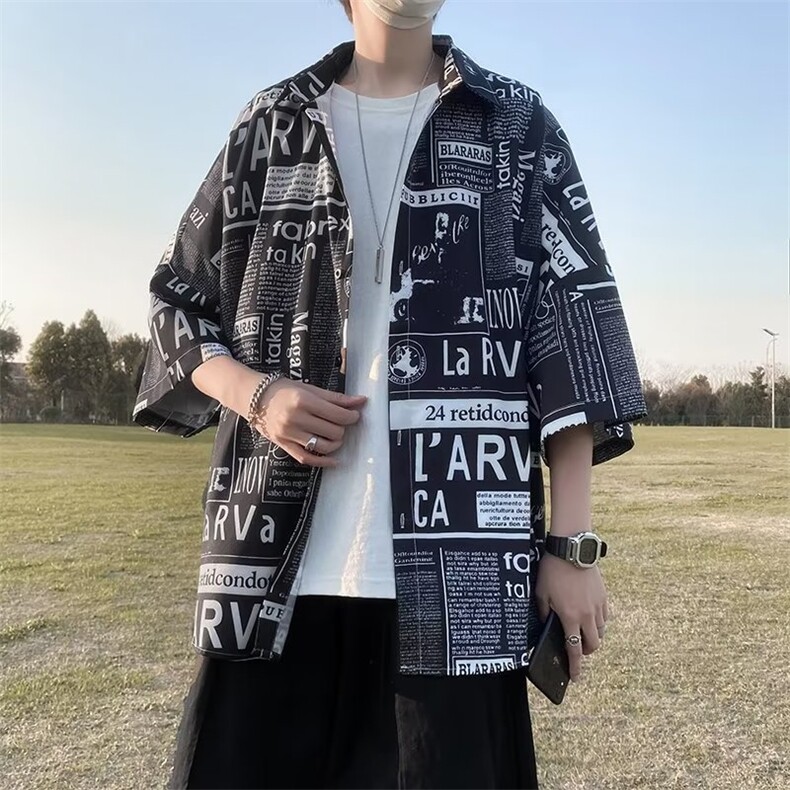 日系五分袖春夏季新款衬衫潮流慵懒男方领宽松型衬衫C260P30,男装衬衫,星座1116-2
