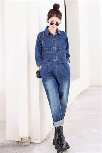 时尚显瘦牛仔连体裤女宽松高腰长袖休闲工装裤百搭气质女装，女装连体裤，秋水欣儿