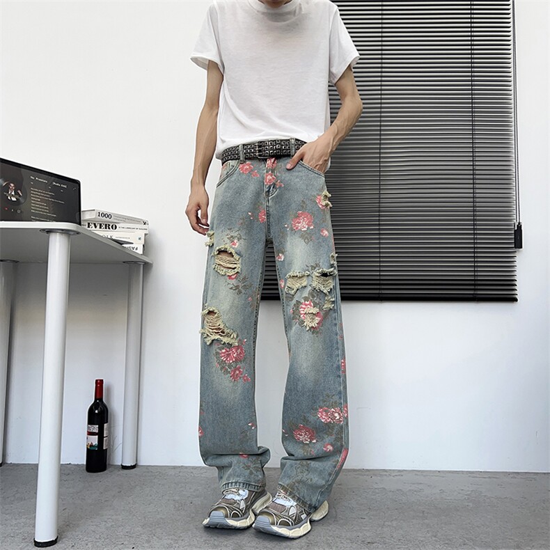 满印玫瑰花朵牛仔裤男款美式复古裤子慵懒风阔腿微喇裤NZ729-P48,男装牛仔裤,星座308B-2