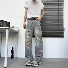 满印玫瑰花朵牛仔裤男款美式复古裤子慵懒风阔腿微喇裤NZ729-P48，男装牛仔裤，星座308B-2