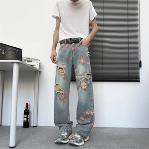 满印玫瑰花朵牛仔裤男款美式复古裤子慵懒风阔腿微喇裤NZ729-P48图片