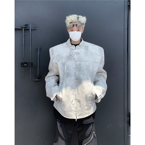 复古PU皮立领机车皮衣男宽松垫肩美式复古夹克外套潮JK8552-P85图片