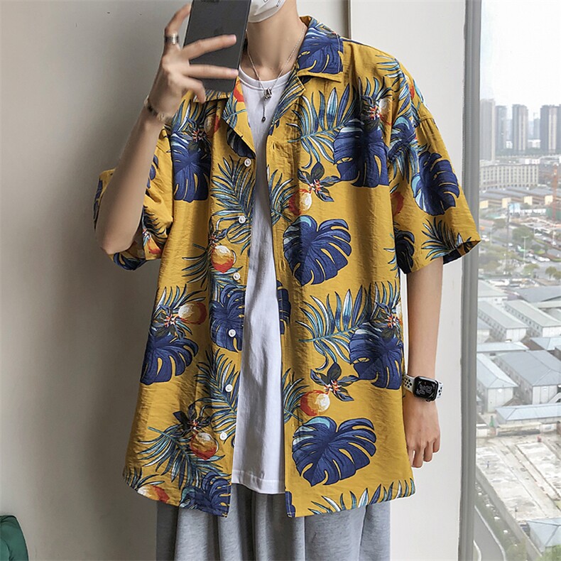 21年夏季短袖衬衫男宽松落肩港风西装领衬衫男DS-C407-CS303-P35，男装衬衫，电商C323-1
