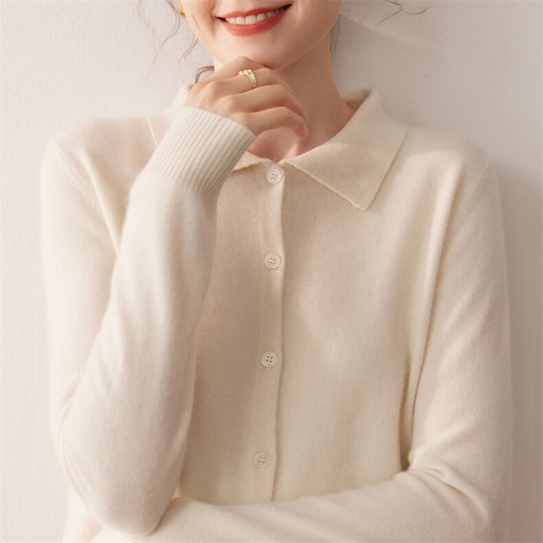 HE|基础美知性baby山羊绒针织开衫女polo领毛衣宽松衬衣领外套,针织衫/毛衣,朵沐纯羊绒